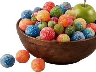 Bowl of Tubi candies with an apple